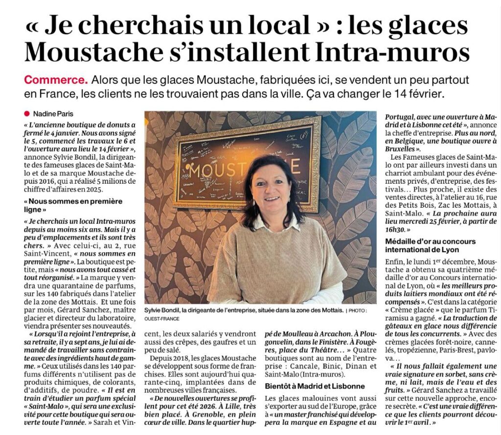 Article du Ouest-France parut le 22.01.26 sur l'ouverture de la nouvelle boutique Moustache à Saint-Malo Intra-Muros
